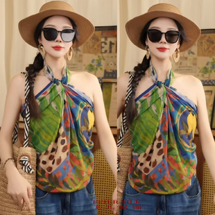 夏季新款大方巾110厘米百搭复古丝绵麻丝巾帽防晒披肩旅游拍照秋