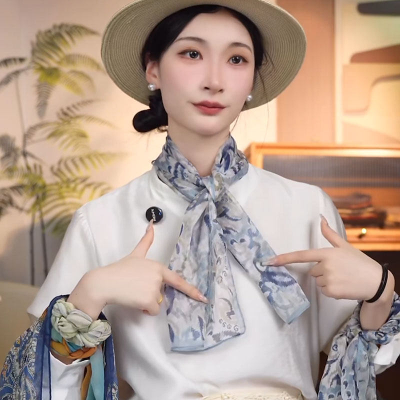 青黛水纹西丽纱纱巾春夏新款140*35文艺法式长条巾飘带丝巾配饰