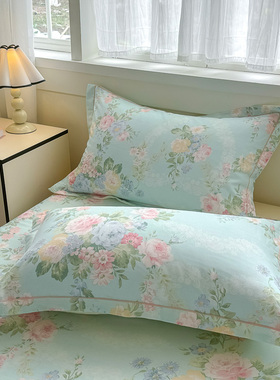 100%纯棉枕套蓝色百合花枕头套全棉一对学生宿舍单人48X74枕芯套