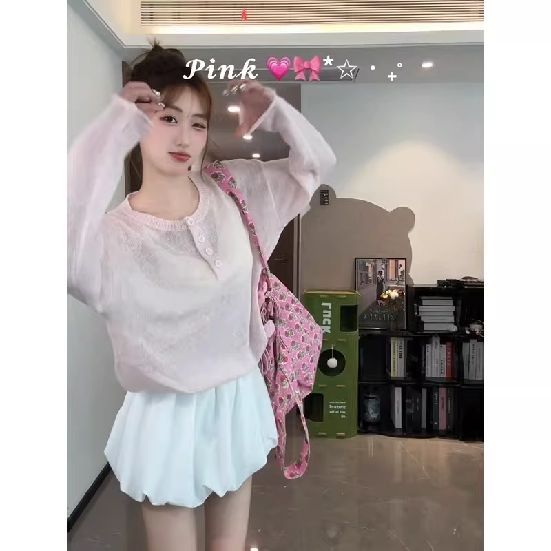 法式镂空微透粉色卷边冰丝长袖针织衫女夏季薄款外搭防晒罩衫上衣