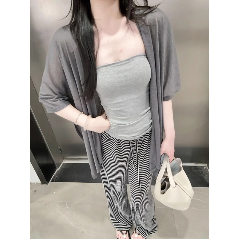 灰色冰丝亚麻防晒开衫针织外套女夏季薄款外搭配吊带长款空调上衣