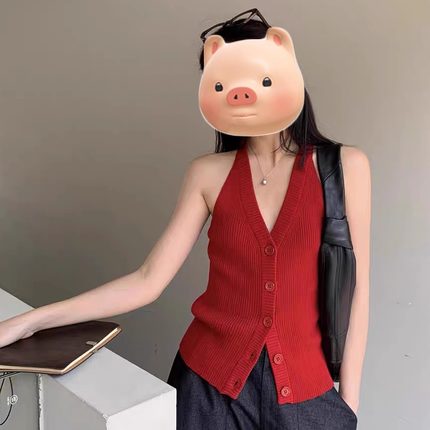 红色V领冰丝针织吊带背心女夏季外穿小个子修身短款无袖开衫上衣