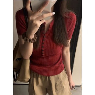 上衣 红色正肩冰丝麻花针织短袖 T恤女夏季 小个子修身 显瘦辣妹短款