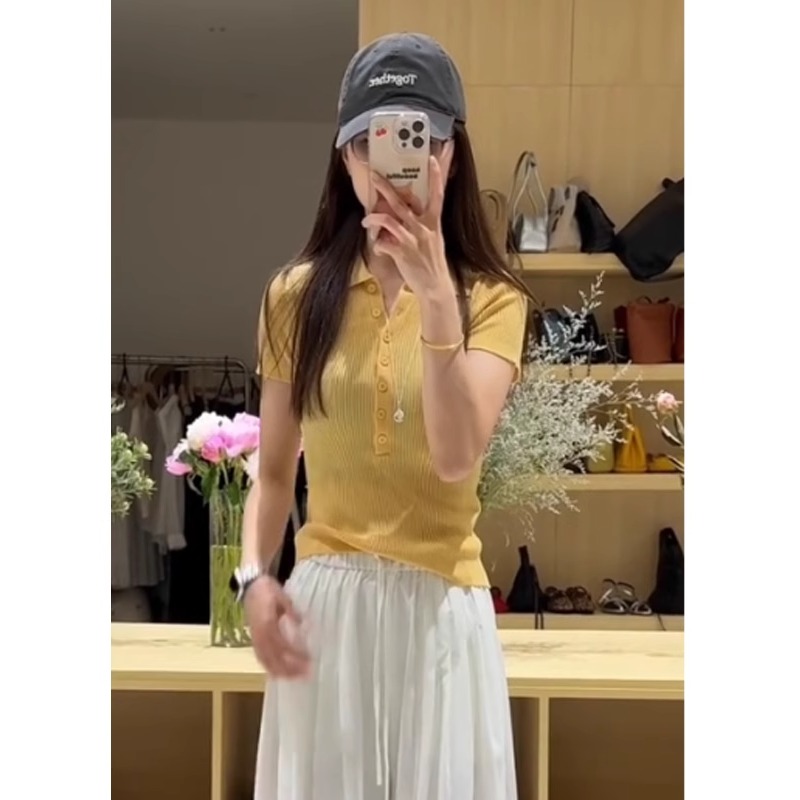 黄色正肩翻领针织短袖T恤女夏季2025新款爆款修身短款polo衫上衣