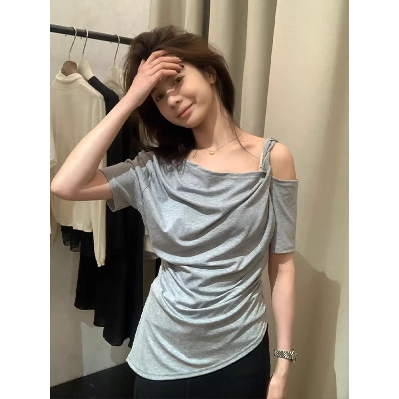 法式不规则扭结灰色短袖T恤女夏季小个子修身显瘦露肩设计感上衣