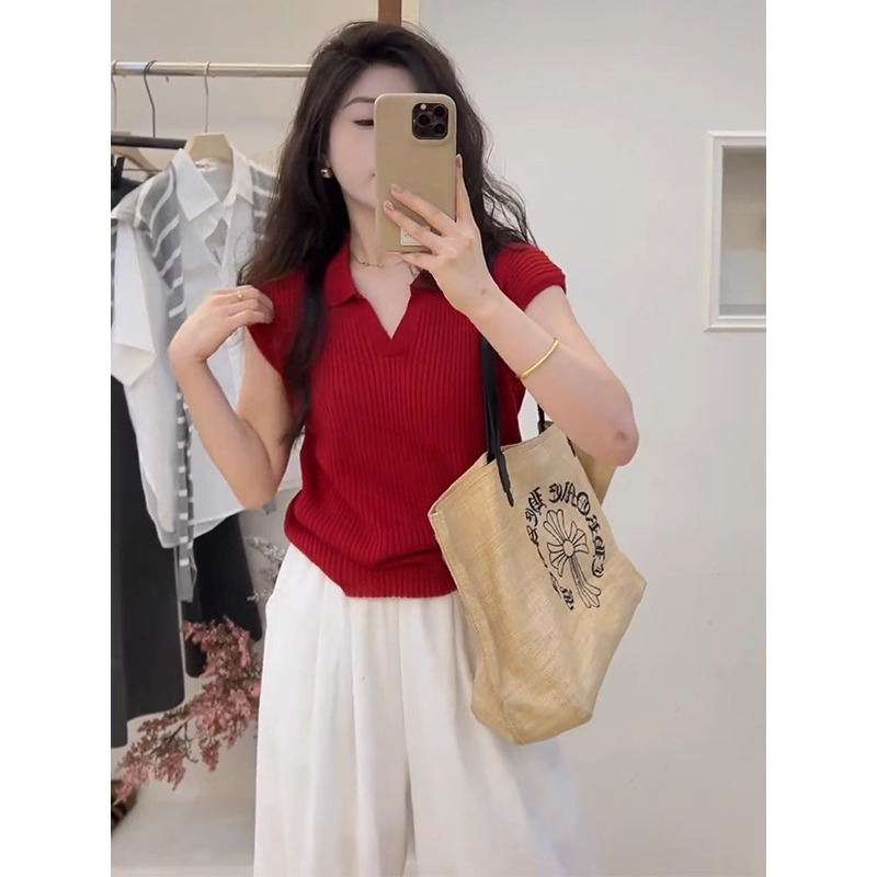 红色翻领正肩冰丝针织短袖T恤女夏季独特漂亮初夏修身polo衫上衣