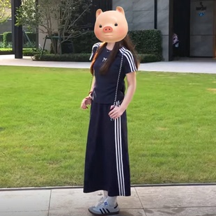 夏装 搭配一整套韩系夏季 女装 休闲运动三条杠T恤半身裙子两件套装