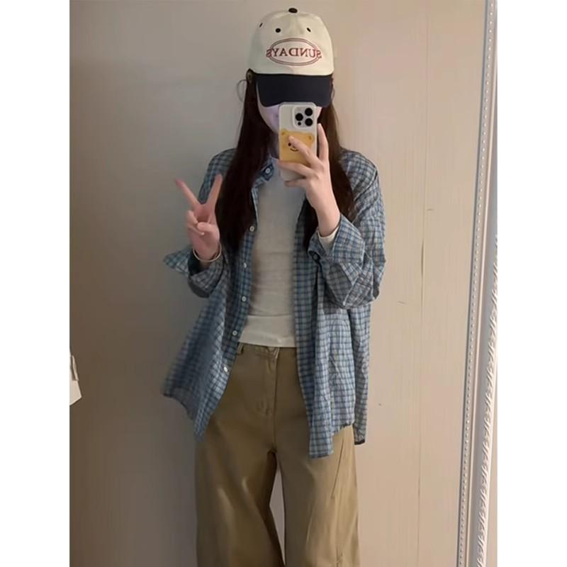 蓝色格子长袖防晒衬衫女2025早春季新款宽松外搭薄款衬衣外套上衣