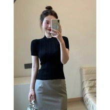 黑色圆领正肩冰丝针织短袖T恤女夏季超好看独特漂亮掐腰短款上衣