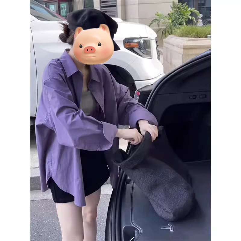 法式polo领紫色长袖防晒衬衫女夏季薄款外搭宽松衬衣开衫翻领上衣