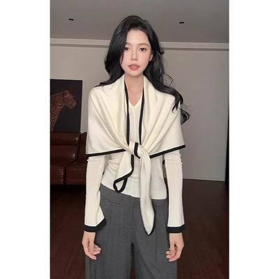 撞色针织衫叠穿披肩上衣两件套装