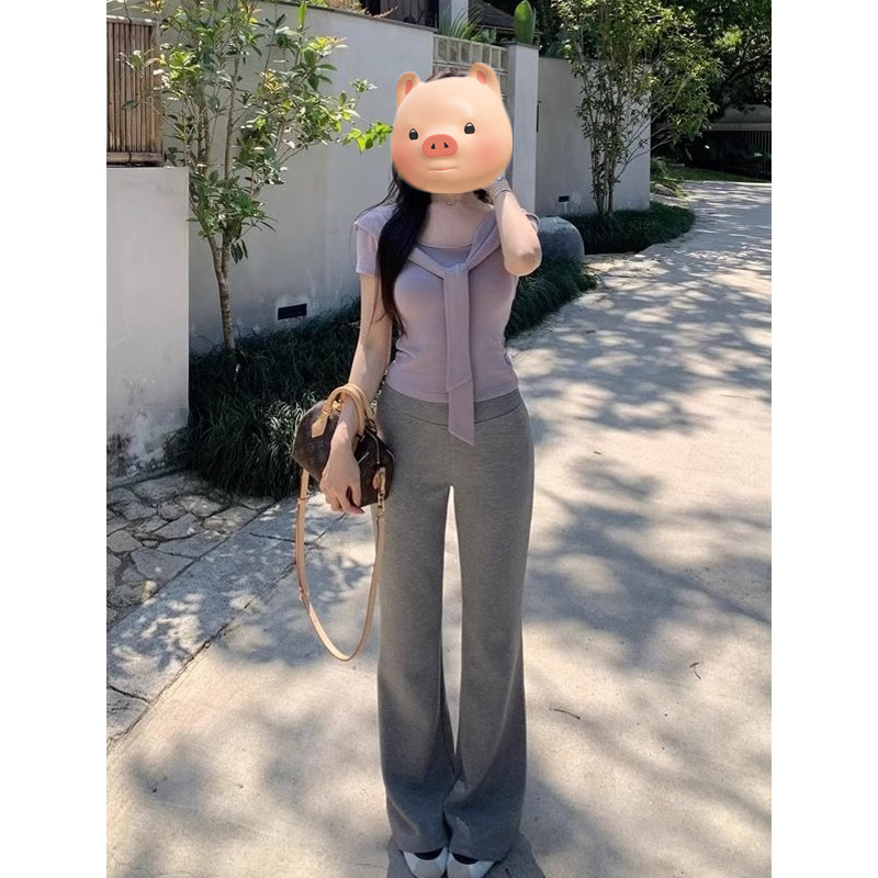 紫色方领正肩短袖t恤女夏季2025新款爆款修身短款独特绝美小上衣