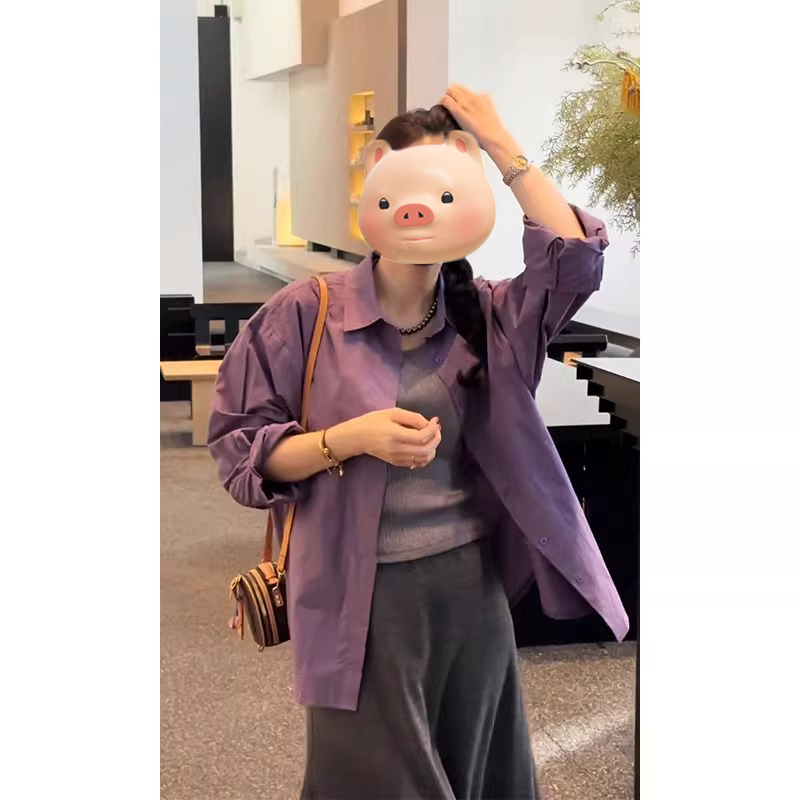 法式polo领紫色长袖防晒衬衫女夏季薄款外搭宽松衬衣开衫外套上衣