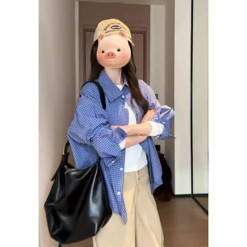 美式复古蓝色格子长袖防晒衬衫女夏季高级感韩系宽松翻领衬衣上衣