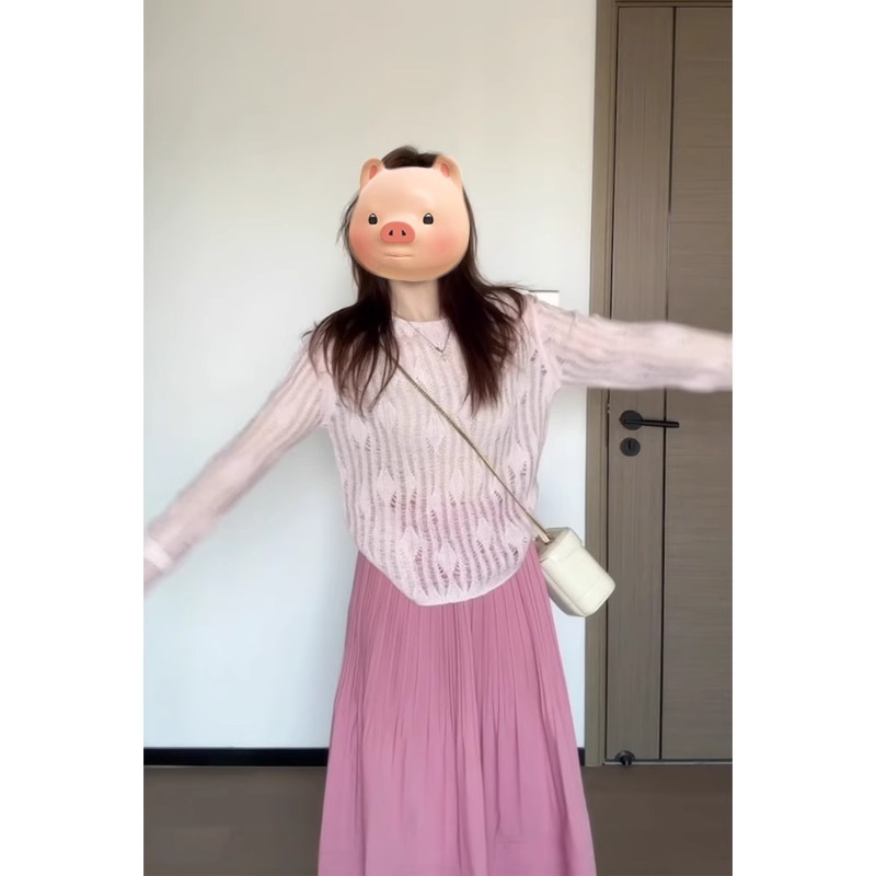法式圆领镂空粉色冰丝长袖针织衫女夏季薄款外搭宽松空调罩衫上衣