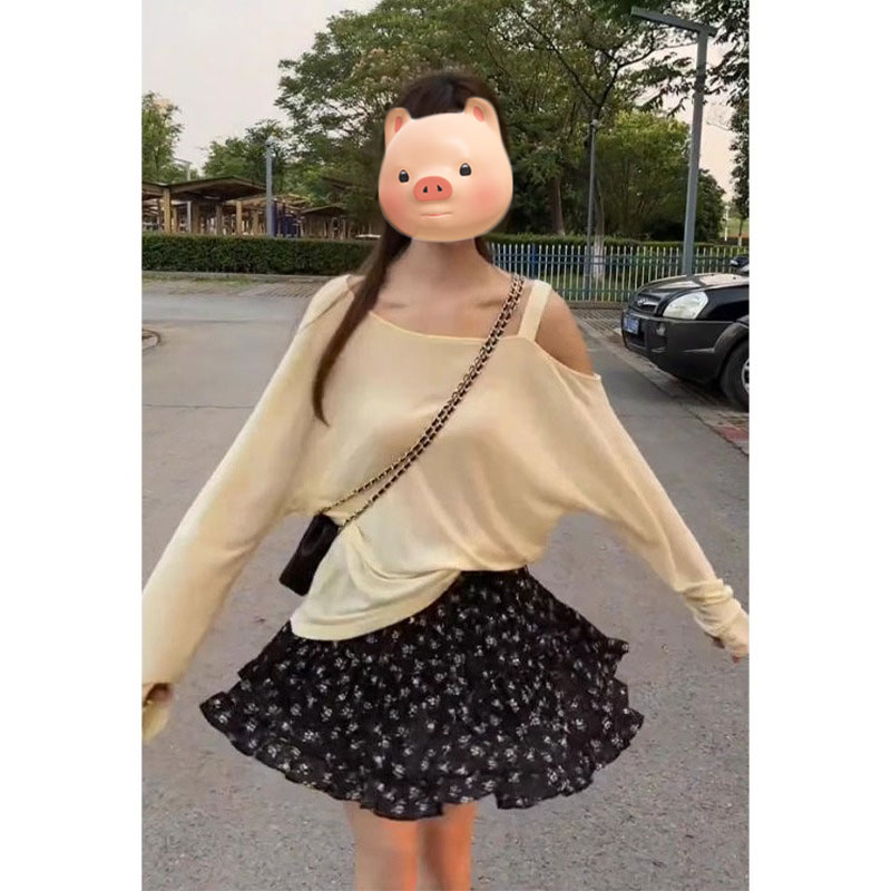黄色斜肩长袖防晒T恤女夏季薄款外搭宽松显瘦罩衫露肩空调衫上衣