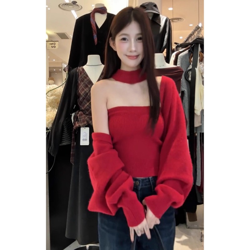 毛衣开衫外套挂脖背心上衣两件套