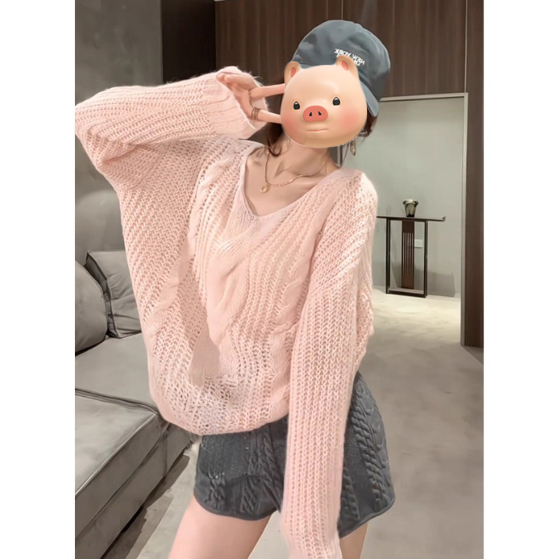 粉色V领马海毛毛衣秋冬宽松上衣