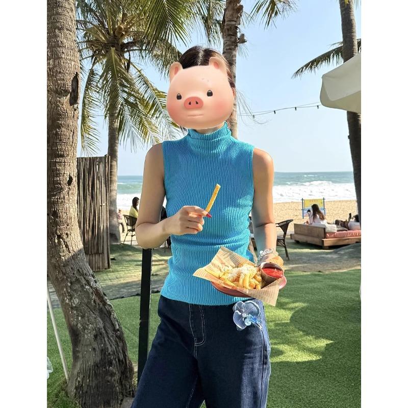 美式辣妹蓝色立领针织吊带背心女夏外穿2025新款修身无袖内搭上衣