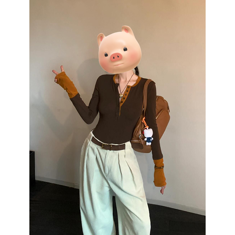 美式复古撞色长袖针织衫女2025早春新款小个子修身内搭打底衫上衣
