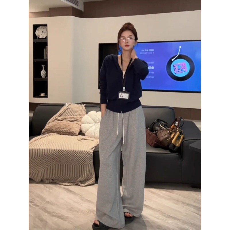 蓝色拉链连帽毛衣外套女秋冬加厚宽松慵懒风长袖针织开衫运动上衣