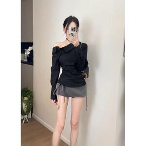 法式不规则黑色长袖衬衫女2025装夏季新款减龄露肩衬衣高级感上衣