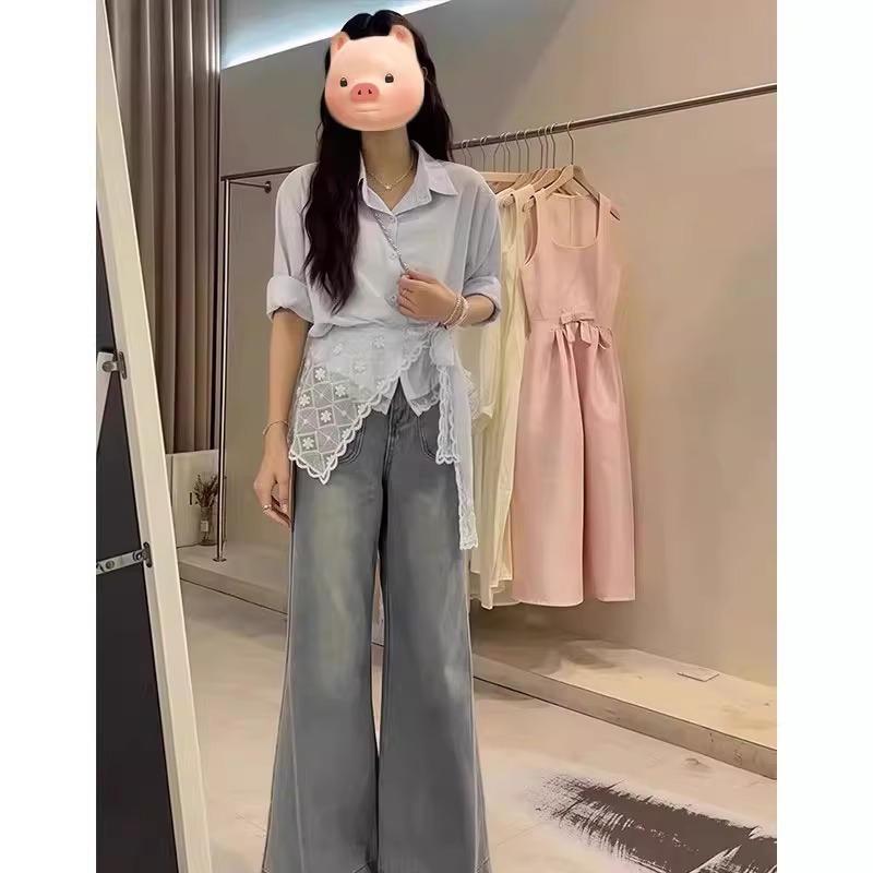 法式蕾丝披肩蓝色长袖衬衫女夏季薄款外搭设计感小众衬衣收腰上衣