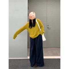 黄色圆领套头软糯马海毛毛衣女2025早春新款宽松慵懒风针织衫上衣