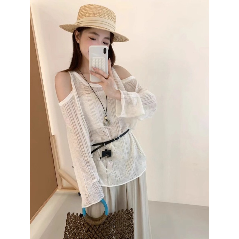 法式镂空露肩白色冰丝防晒针织罩衫女夏季薄款外搭宽松空调衫上衣