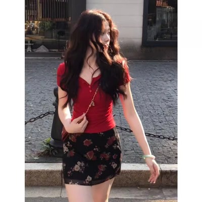 美式正肩红色V领冰丝针织短袖T恤