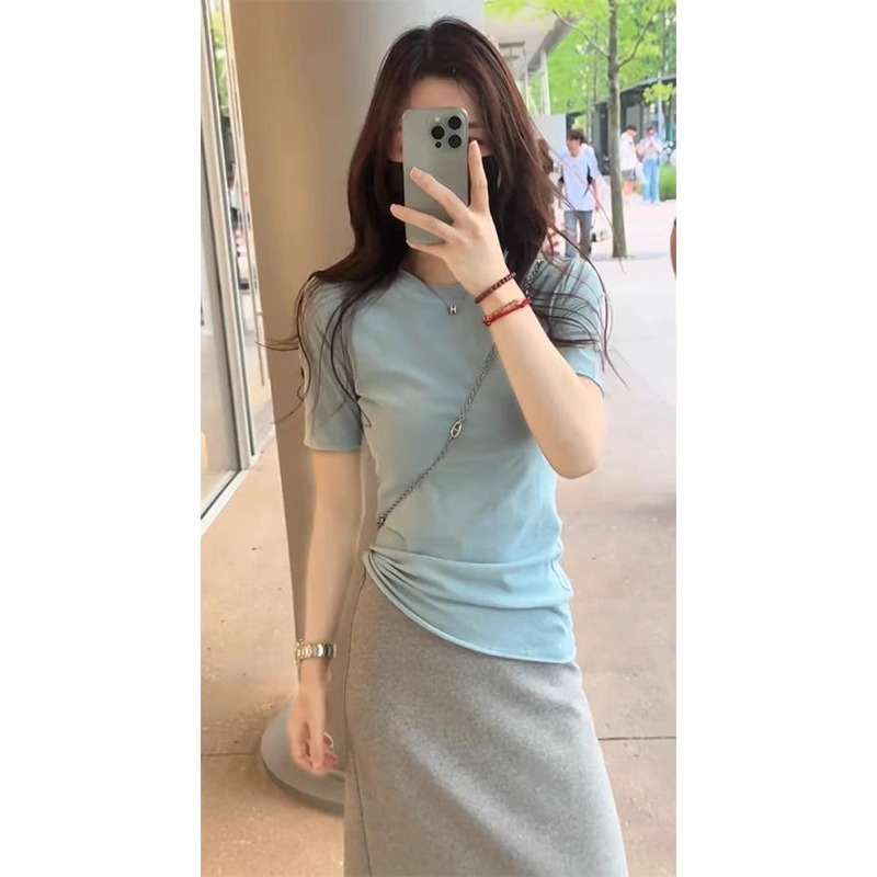 蓝色圆领正肩冰丝亚麻针织短袖T恤女夏季小个子修身微透薄款上衣