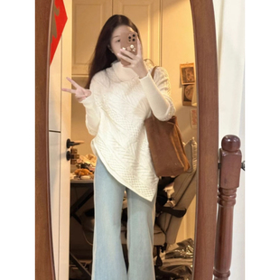 法式 上衣 不規(guī)則白色高領(lǐng)斗篷麻花毛衣外套女秋冬寬松慵懶風(fēng)針織衫
