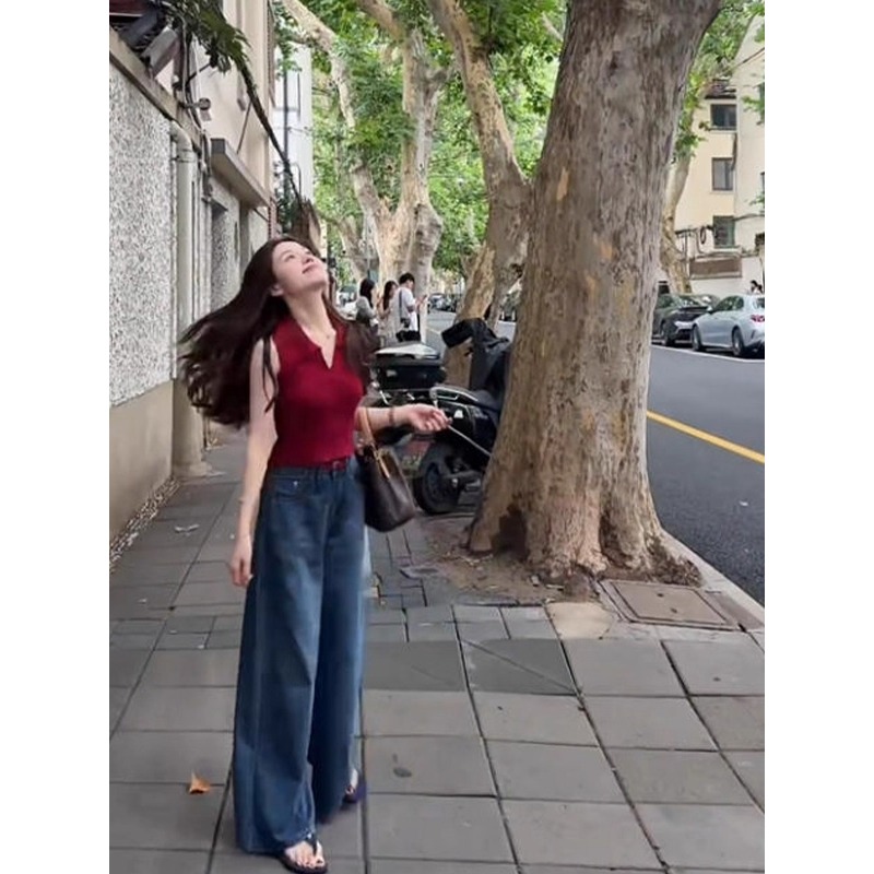 红色翻领冰丝针织挂脖吊带背心女夏季外穿修身辣妹无袖polo衫上衣