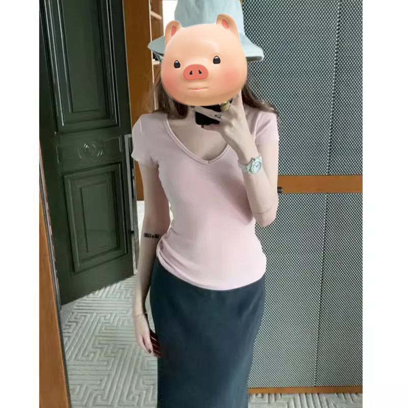 粉色V领正肩短袖T恤女夏季2025新款小个子修身短款多巴胺穿搭上衣
