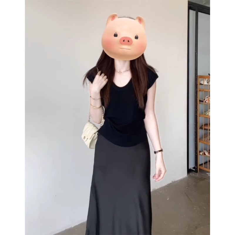 黑色V领正肩冰丝针织衫女夏季2025新款小个子修身短款短袖T恤上衣