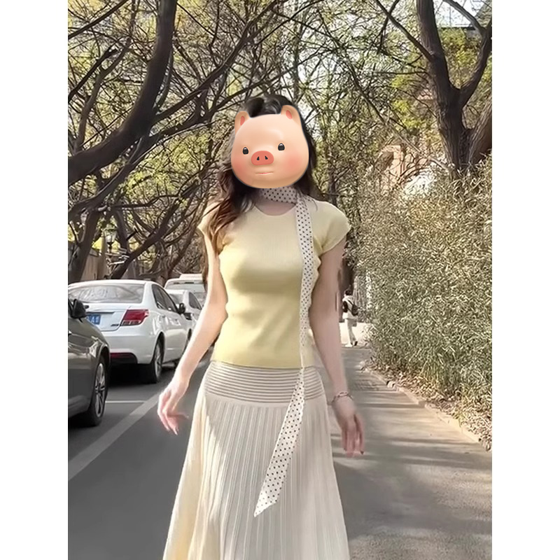 美式正肩黄色针织短袖T恤女夏季2025新款小个子修身辣妹短款上衣