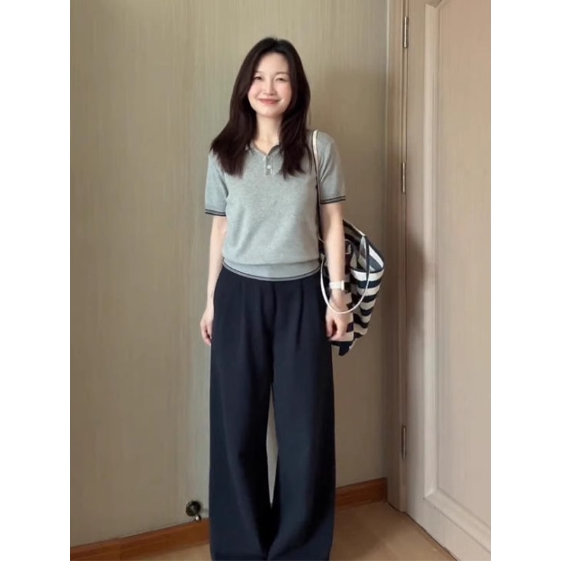 灰色翻领正肩针织短袖T恤女夏季设计感小众小个子修身polo衫上衣