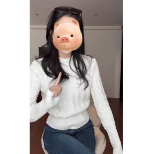 法式 上衣 小立领白色麻花毛衣女秋冬内搭可外穿加厚收腰显瘦针织衫