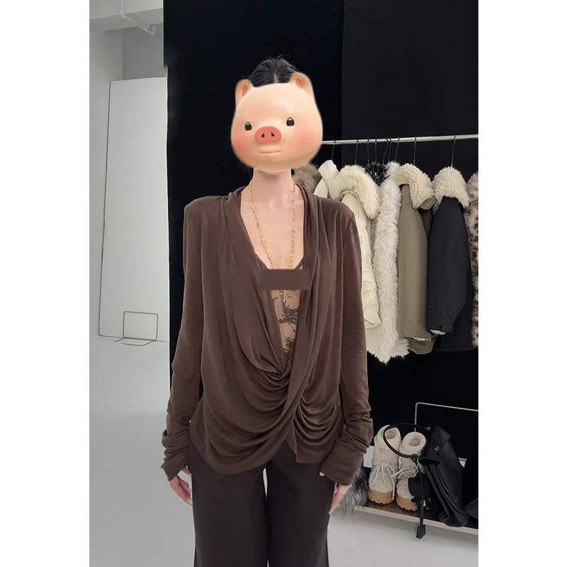 法式交叉荡领蕾丝拼接假两件长袖T恤女2025早秋新款纯欲辣妹上衣