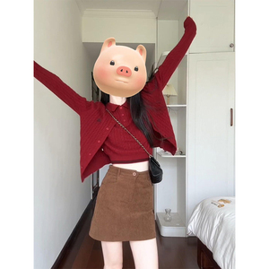 早秋穿搭套装2024初秋新款女装学院风红色麻花毛衣开衫上衣两件套