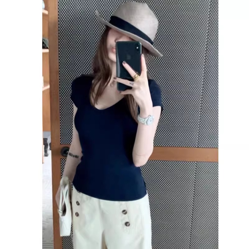 美式复古正肩蓝色V领短袖T恤女夏季2025新款修身显瘦辣妹短款上衣
