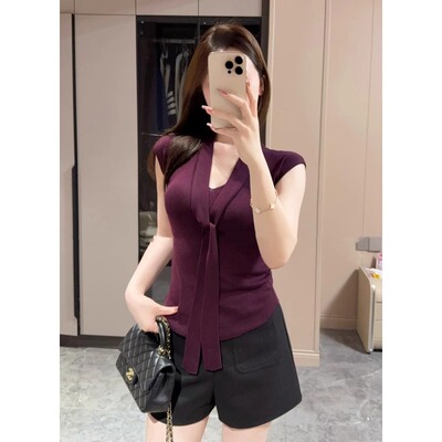 法式V领挂脖飘带紫色针织短袖T恤女夏季2025初夏穿搭修身短款上衣