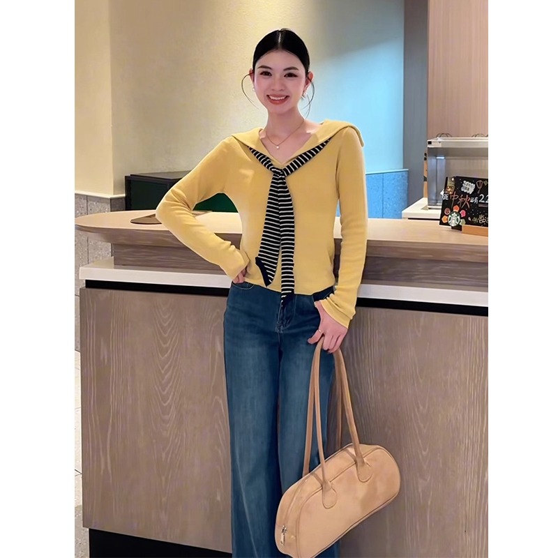条纹披肩假两件黄色长袖针织衫女
