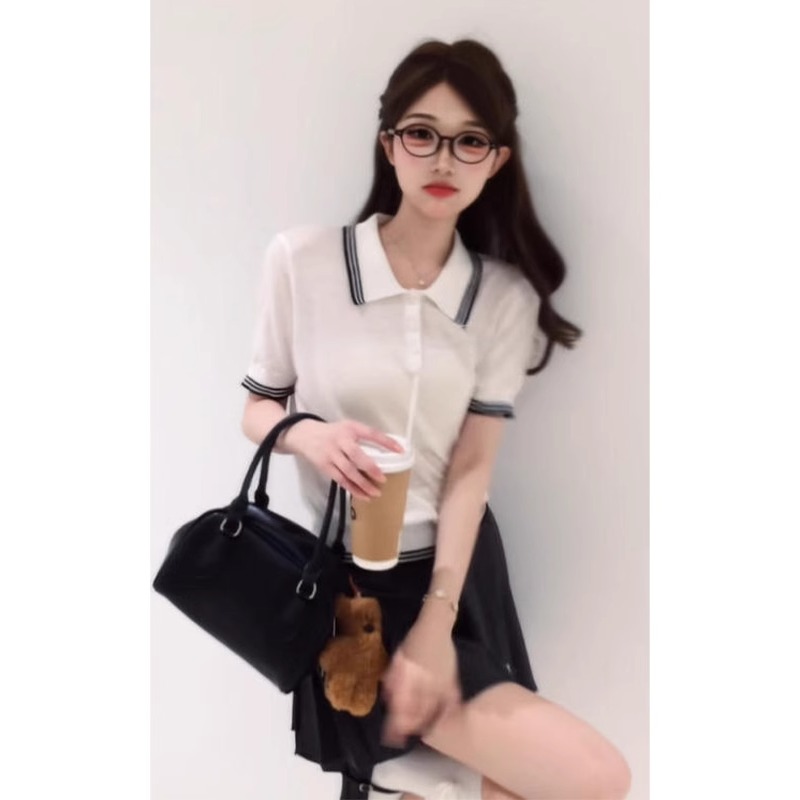 学院风撞色翻领冰丝针织短袖T恤女夏季设计感小众修身polo衫上衣