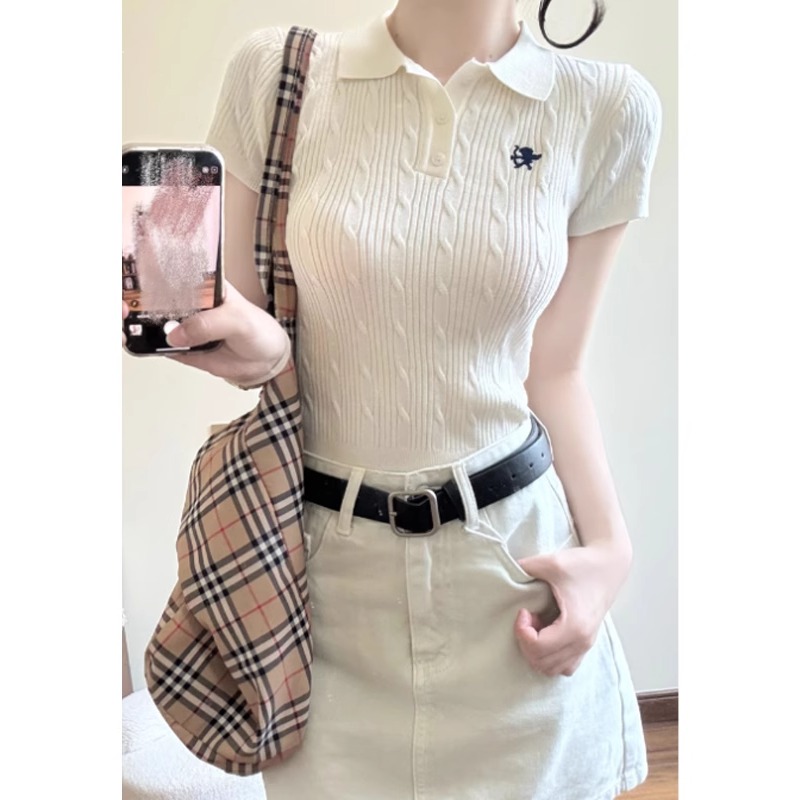 美式正肩polo领冰丝针织短袖T恤女夏季2025新款修身辣妹短款上衣