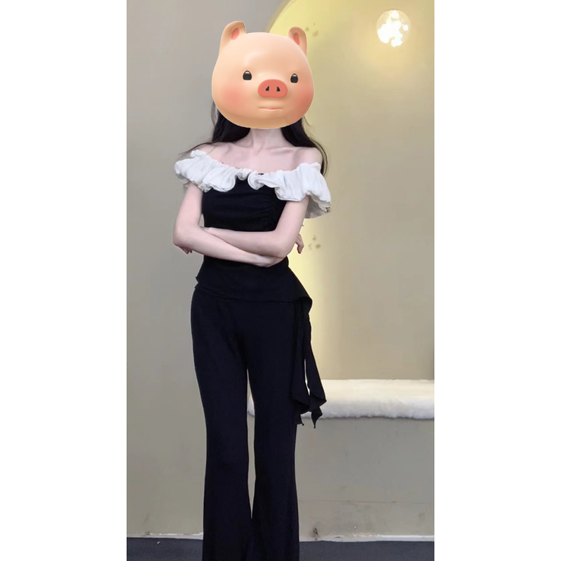 法式不规则一字肩短袖T恤女夏季独特别致绝美修身露肩锁骨小上衣