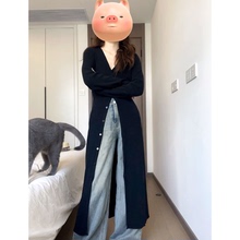 2025早春季新款女装黑色V领中长款开叉针织开衫修身显瘦毛衣外套