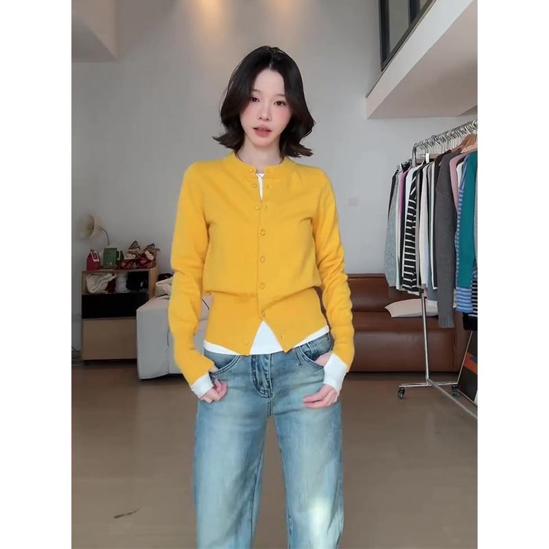 小个子黄色圆领短款针织开衫女2025早春季新款慵懒风修身毛衣外套