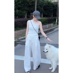 短款 上衣 不規則斜肩冰絲亞麻針織背心女夏外穿修身 老錢風穿搭法式