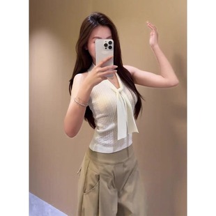 白色V领挂脖针织吊带背心女夏外穿修身 后背蕾丝拼接上衣 短款 无袖